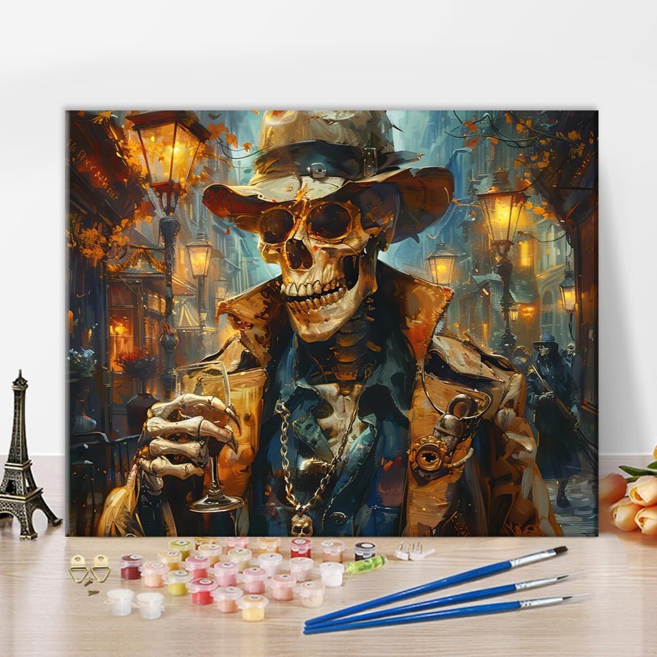 Skull Paint by Number, Colorful Skeleton Detective Oil Painting for Adult with Brushes and Pigment, Skull Detective Paint by Numbers for Wall Decoration, 16x20 Inch, Frameless